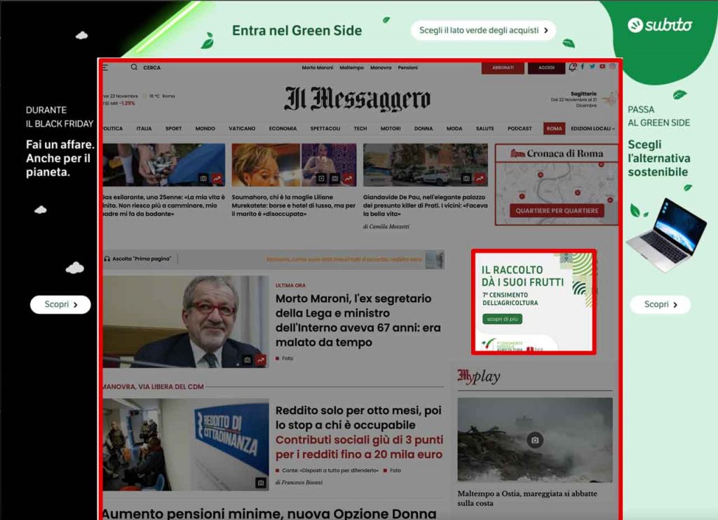 schermata che mostra la quantità di pubblicità online sul sito del messaggero